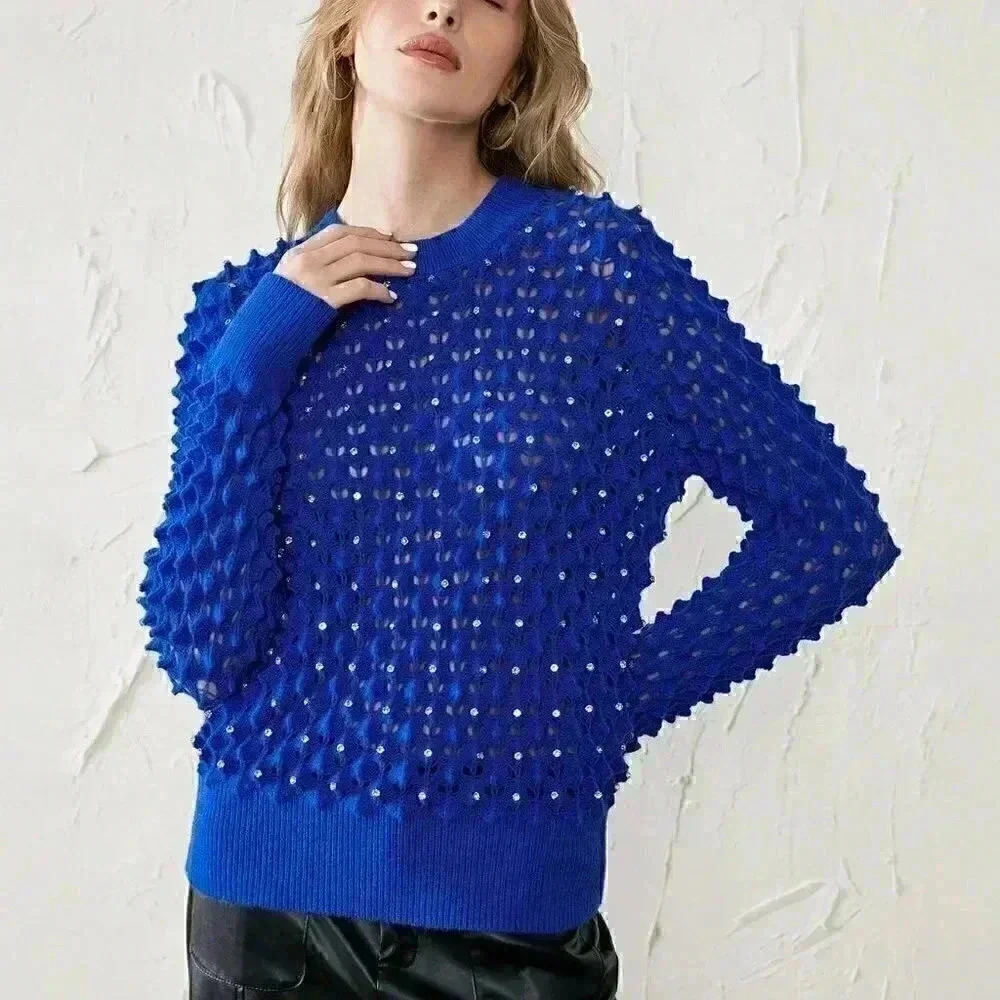 Pointelle Knit Sweater Blue
